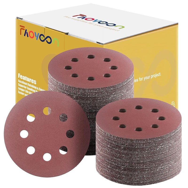 Faoyoon 320 Grit Sandpaper, Sanding Disc 5 Inch 8 Hole Hook and Loop, 100 Pcs - Image 1